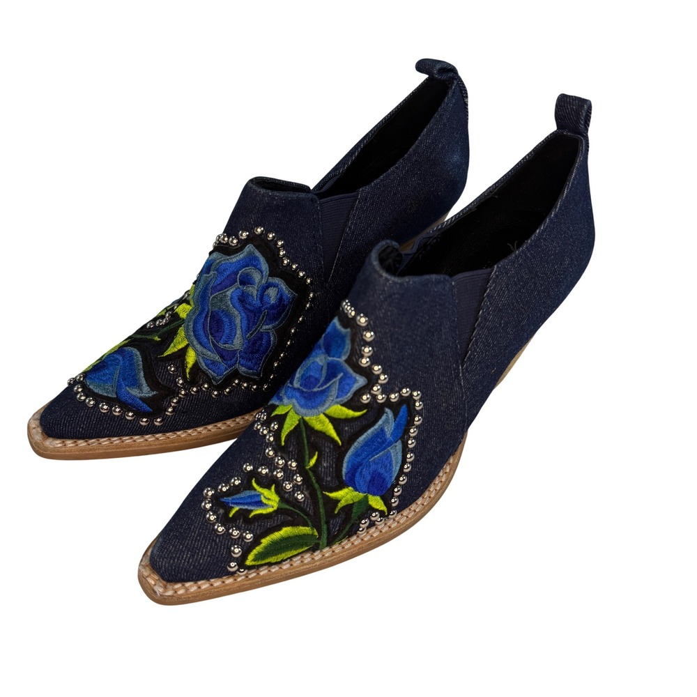 Jeffrey‎ Campbell Free People Denim Embroidered Rose Studded Western Booties 6